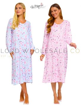Ladies Floral Reflections V Neck Jersey Stretch Long Sleeve Nightdress By La Marquise 8 Pieces