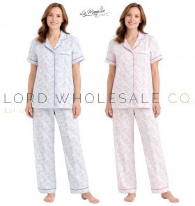 Ladies Moonlit Tulip Cotton Jersey Short Sleeve Button Through Pyjamas by La Marquise 9 Pieces