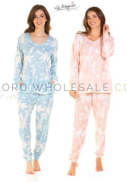 03-57213-Ladies Floral Deluxe Jersey V Neck Long Sleeve Pyjamas by La Marquise 8 Pieces