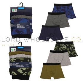Boys 3pk Plain/Camo Boxer Shorts by Tom Frank Kids 12 x 3 Pair Pack