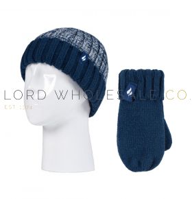 Kids Thermal Navy & Grey Turn Over Hat & Mitten Set by Heat Holders 1 Piece