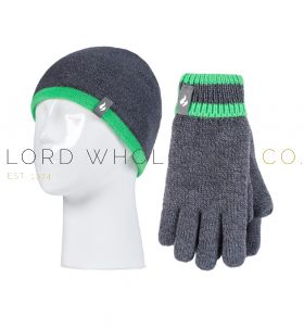 Kids Thermal Grey Flat Knit Hat & Glove Set by Heat Holders 1 Piece