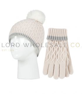 Kids Thermal Ice Palace Cream Pom Pom Turn Over Hat & Glove Set by Heat Holders 1 Piece