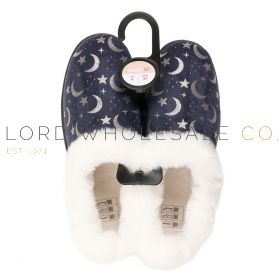 Ladies Navy Moon & Star Foil Print Full Slippers With Faux Fur Lining by Slumberzzz 16 Pairs