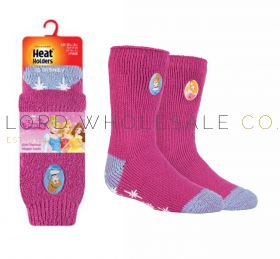 Kids Disney Princesses Pink Thermal Slipper Socks With Grips by Heat Holders 6 Pairs