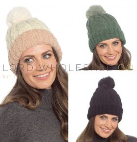 Wholesale ladies 3 pack cable knit bobble hats in black cream pink and green