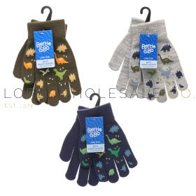 Boys Dinosaur Print Thermal Magic Gloves by Bertie & Bo 12 Pieces
