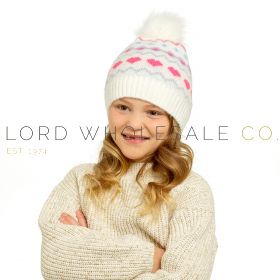 Girls Heart Pattern Winter Hats With Pom Pom by Bertie & Bo 12 Pieces
