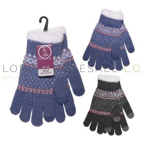 Ladies Touch Screen Fairisle Gloves With Chenille Contrast Cuff by Foxbury 12 Pieces