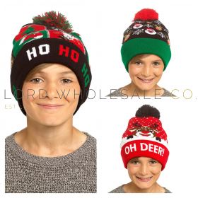 Children's Christmas Hats With LED Lights & Pom Poms 12 Pieces