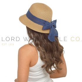 Ladies Tan Cloche Hat With Navy Blue Bow Detail by Foxbury 6 Pieces