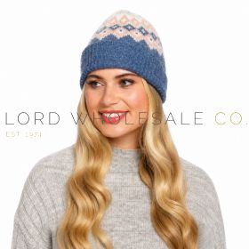 Ladies Brushed Fairisle Blue Beanie Hat by Foxbury 12 Pieces