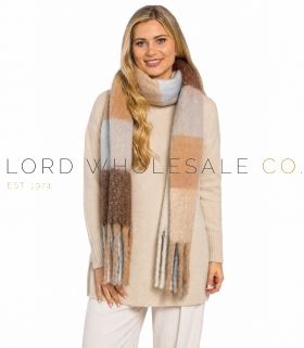 Ladies Brown & Neutral Check Scarf With Tassels by Foxbury 6 Pieces