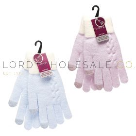 Ladies Wool Blend Touchscreen Fluffy Brushed Gloves with Contrast Cuff by Foxbury 12 Pieces 