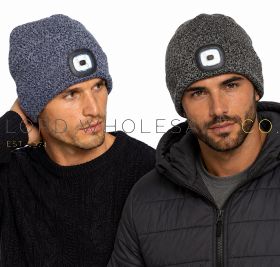 Men’s Black & Navy Twist Yarn LED Light Beanie Hats by Storm Ridge 12 Pieces