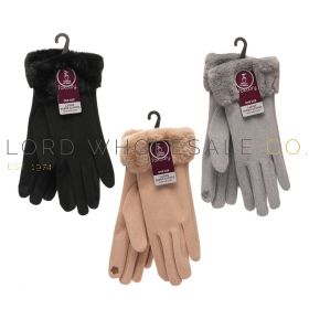 Ladies Assorted Suede Touchscreen Gloves With Faux Fur Cuff by Foxbury 12 Pairs