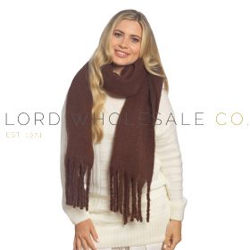 GL1426 Ladies Foxbury plain chocolate brown soft chunky winter scarf with tasselled fringe