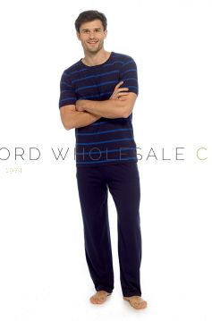 Men's Navy/Blue Yarn Dyed Stripe 100% Cotton Jersey Short Sleeve Pyjama Set by Tom Franks 6 Pieces