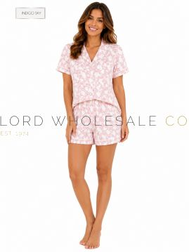 CLEARANCE Ladies Button Through Blush Pink Blossom Short Sleeve PJ Set by Indigo Sky