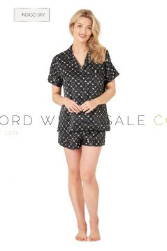 CLEARANCE Ladies Black Star Satin Short Sleeve Top & Shorts PJ Set by Indigo Sky 5 Pieces,