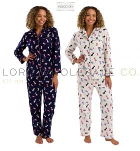 03-IN45756-Wholesale Ladies Long Sleeve Playful Pooch Cosy Brushed 100% Cotton Wincyette Pyjamas by Indigo Sky