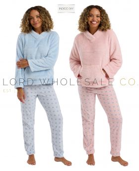 Ladies Soft Feel Plush Fleece Top & Brushed Geo Print Jogger Pyjamas by Indigo Sky,
