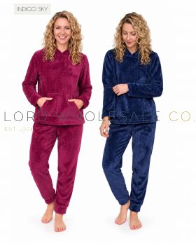 IN50063 Indigo Sky ladies zig zag hooded fleece pyjama sets in burgundy and navy front view