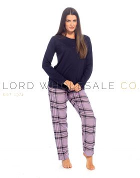 Ladies Plain Navy Jersey Top & Yarn Dyed Lilac Check Brushed Cotton Pants Pyjama Set by Foxbury 6 Pieces