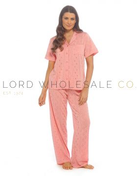 Ladies broderie anglaise traditional button pyjama set available in wholesale packs.