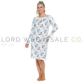 LN654 Ladies blue floral 100% cotton jersey lace trim nightdress by Wolf & Harte