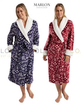 03-MA45718-Wholesale Ladies Leaf Silhouette Embossed Cosy Sherpa Trim Shawl Collar Robe by Marlon