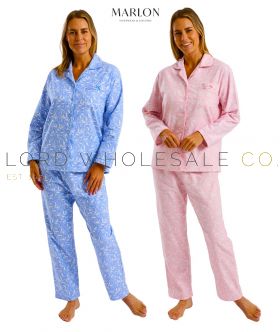 Ladies Brushed 100% Cotton Pretty Vines Print Wincyette Revere Collar Pyjamas by Marlon