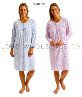 Ladies 40" Fun Floral 100% Cotton Jersey Long Sleeve Nightdress by Marlon