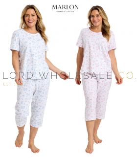 Ladies 100% Cotton Jersey Spring Garden Short Sleeve Crop Capri Pyjamas by Marlon
