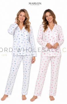 MA50002 Ladies 100% Cotton Jersey Louella Print Pyjamas by Marlon in Blue and Pink - Front View