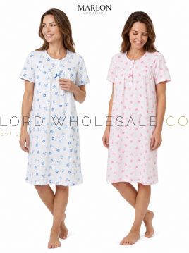 MA50004 Ladies 100% Cotton Jersey Louella Print Short Sleeve Nightdress by Marlon - Blue and Pink Front View