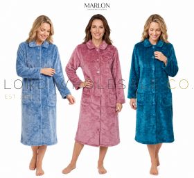 Ladies Supersoft Cosy Fleece Floral Clipped Button Robe Gown by Marlon