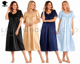 Ladies Satin Short Sleeved Nightdress with Lace Detail by Lady Olga