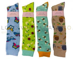 Ladies Wellington Long Length Boot Socks Garden Bugs by Feathers & Fluff 12 Pairs
