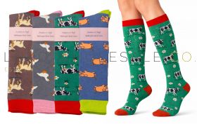 06-SE059FARM-Wholesale Ladies Wellington Long Length Boot Socks Farm Animals by Feathers & Fluff 12 Pairs