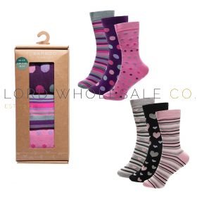 Ladies 3pk Heart/Polka Dot Bamboo Design Socks In Gift Box by Bamboo Threads 6 x 3 Pair Pack