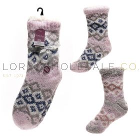 06-SK1426-Wholesale Ladies Furry Diamond Design Sherpa Lined Lounge Socks With Grippers by Foxbury 6 Pieces