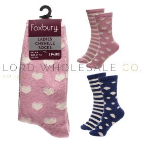 Ladies 2pk Spot/Heart Design Chenille Socks by Foxbury 12 x 2 Pair Pack