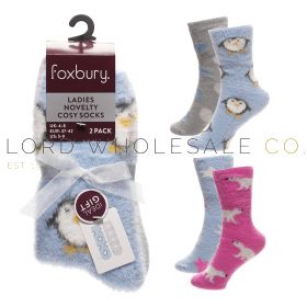 Ladies 2pk Penguin/Polar Bear Novelty Brushed Chenille Socks With Gripper by Foxbury 6 x 2 Pair Pack