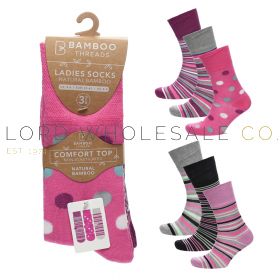 Ladies Assorted Pink Stripes/Spots Bamboo Socks by Bamboo Threads 4 x 3 Pair Packs