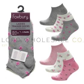 Ladies 3pk Cotton Rich Cute Floral Design Trainer Socks by Foxbury 4 x 3 Pair Pack