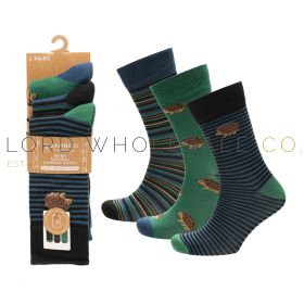 Men's 3pk Hedgehog Design Bamboo Socks by Bamboo Threads 4 x 3 Pair Pack