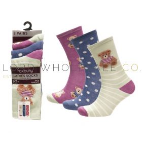 Ladies 3pk Cotton Rich Teddy Bear Design Socks by Foxbury 4 x 3 Pair Pack