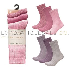 Ladies 3pk Soft Touch Pink/Lilac Boot Socks by Foxbury 4 x 3 Pair Pack,