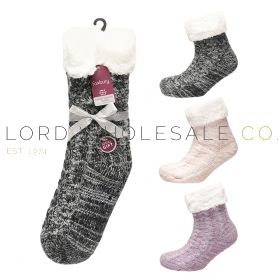 Ladies 1pk Faux Mink Cable Design Sherpa Socks With Anti-Grips by Foxbury 6 Pairs